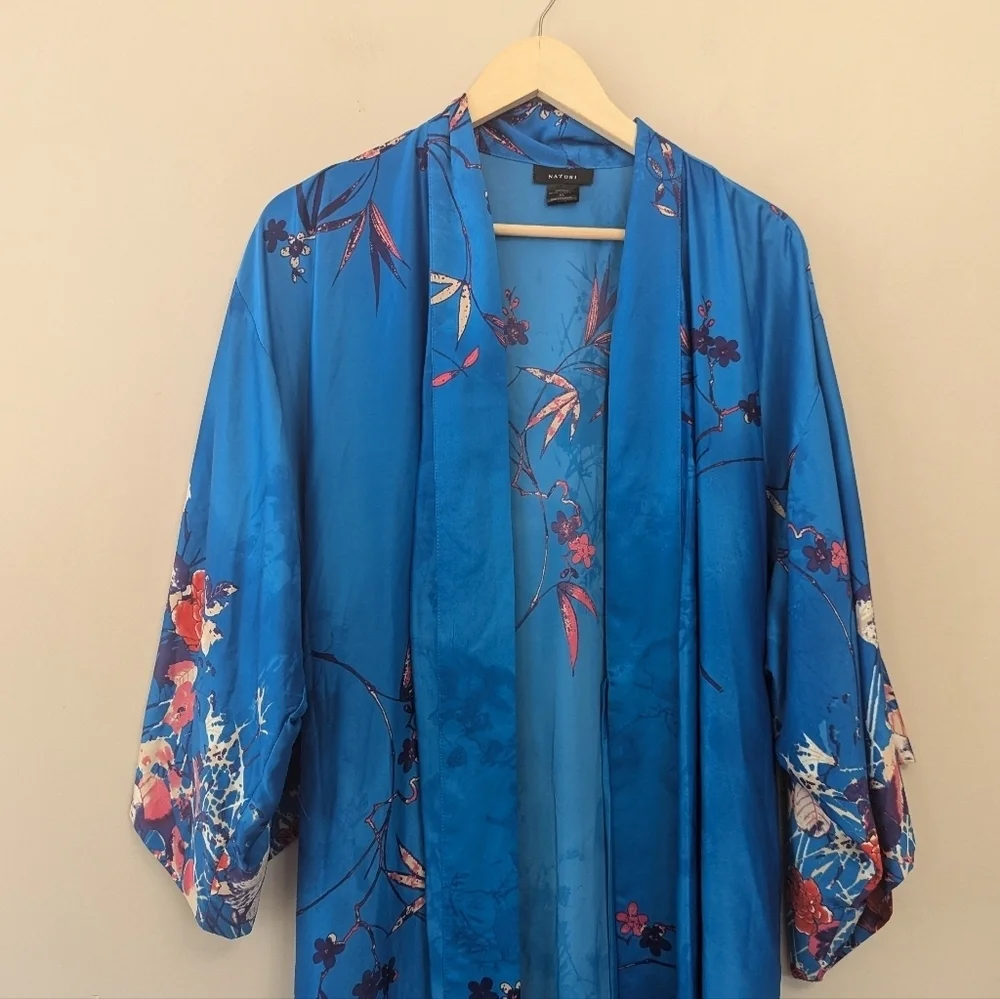 Natori Nadja Satin Floral Kimono Long Robe - Picture 3 of 12